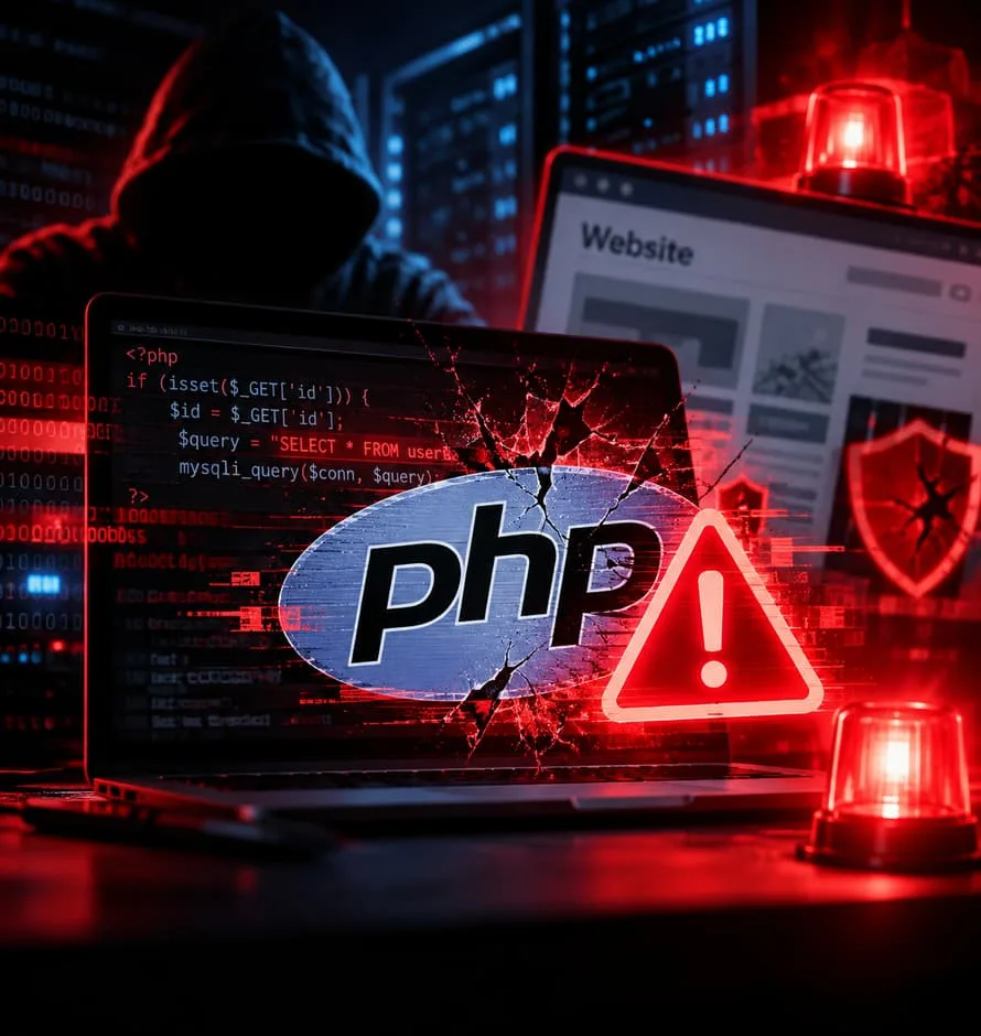 PHP 보안 취약점으로 인한 서버 공격 위험을 표현한 일러스트